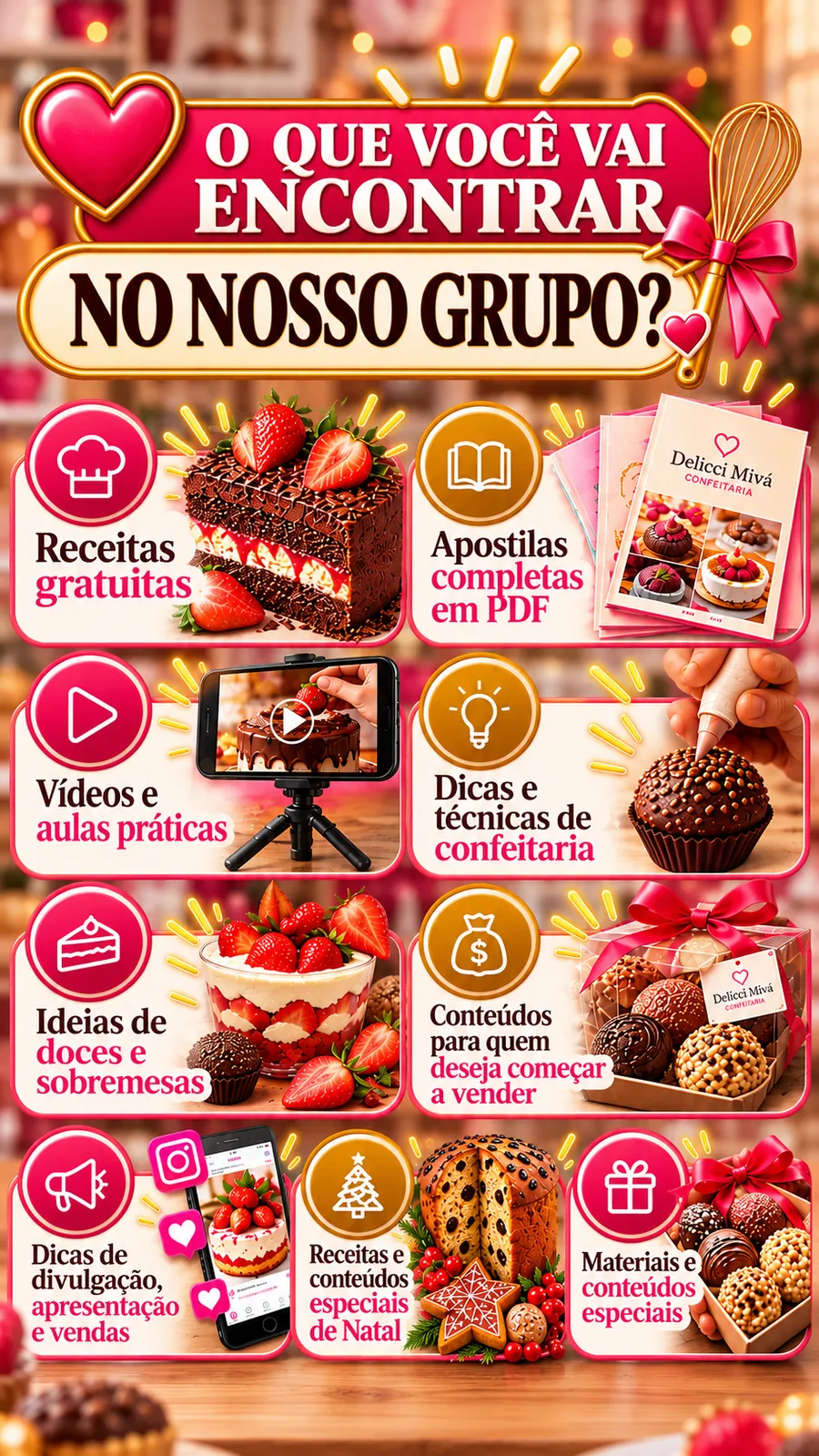 O que você vai encontrar no nosso grupo: receitas gratuitas, apostilas completas em PDF, vídeos e aulas práticas, dicas e técnicas de confeitaria, ideias de doces e sobremesas, conteúdos para quem deseja começar a vender, dicas de divulgação, apresentação e vendas, receitas e conteúdos especiais de Natal, materiais e conteúdos especiais.